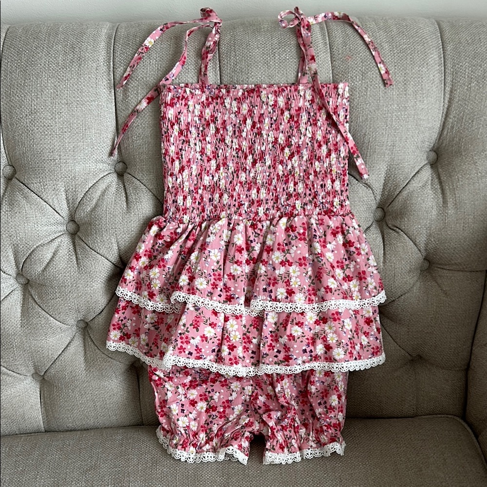 Floral Pink Kids smocked tie tank and matching bloomer set